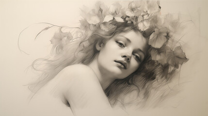 Hand-drawn pencil sketch with strokes of a beautiful lady with a crown of flowers and leaves in her hair, reclining. Artistic drawing from a life model on paper, representing a muse of inspiration