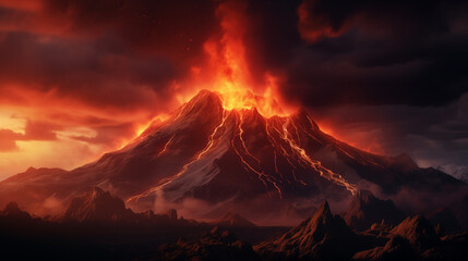 volcano erupting with lava and smoke in a dark and dramatic landscape. The lava flows down the sides, creating a contrast with the black sky and the red clouds