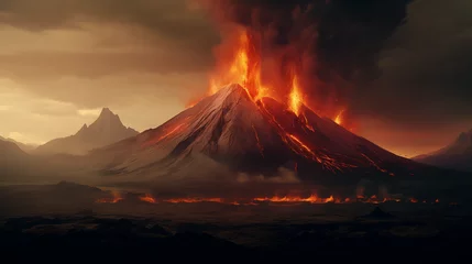 Poster volcano erupting with fire and burning lava, spewing out dark black smoke. Epic volcanic landscape for a dinosaur extinction wallpaper © Domingo