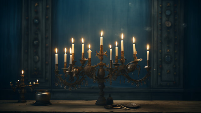 Brass candelabra with white candles on table in dark room with blue curtains and door. Elegant and spooky atmosphere with light and shadows