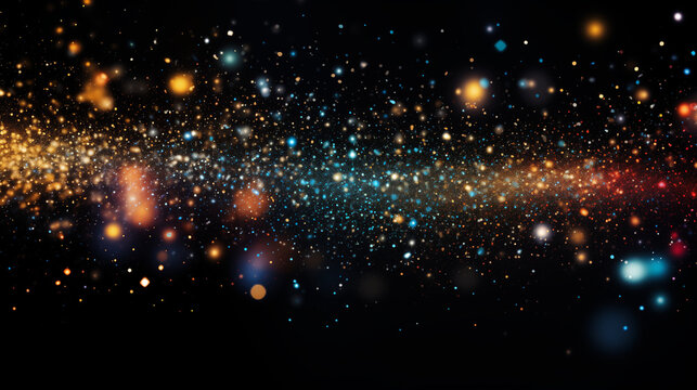 Multicolored shiny and sparkling lights and dust particles on black background. magical confetti effect for parties, celebrations and special offers