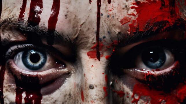 look of a psychopathic serial killer with blue eyes and a bloody face for committing a crime against a victim. Wallpaper for a true crime story.
