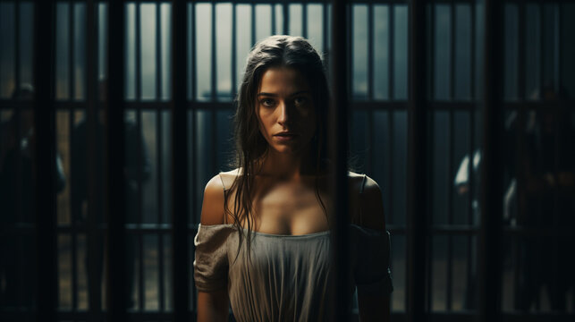 Worried and sad woman in prison cell with blurred figures in background. Cinematic scene of an inocent young mother.