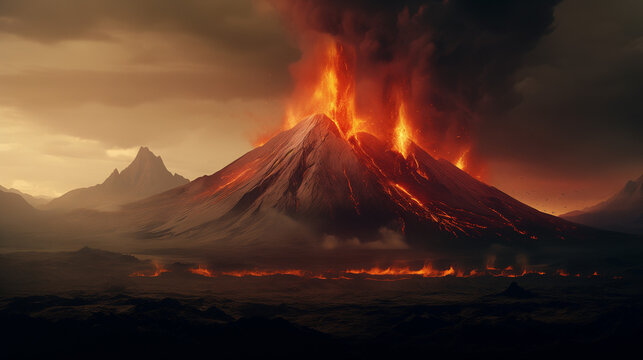 volcano erupting with fire and burning lava, spewing out dark black smoke. Epic volcanic landscape for a dinosaur extinction wallpaper