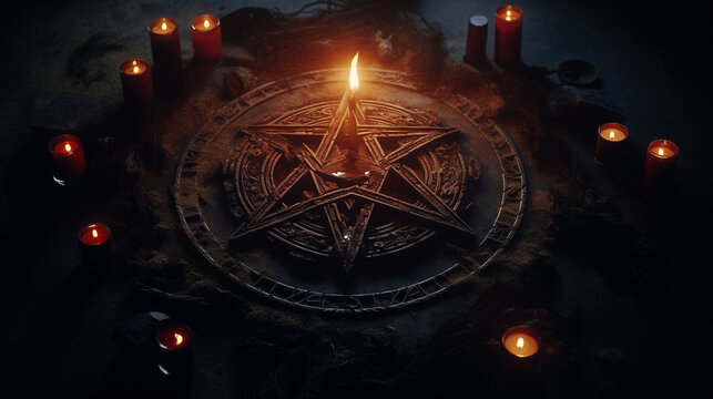 Dark ritual scene with pentagram and candles on stone altar. Spooky and occult atmosphere with eerie and mystical elements. A pentagram is drawn with paranormal symbols of witchcraft and satanism