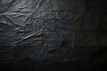 Woven black material with a textured feel. Creased backdrop resembling crumpled paper. Polished black leather texture.
