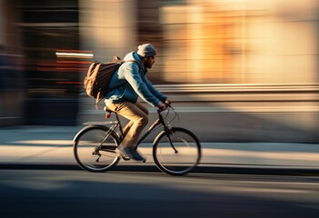 Naklejka premium An abstract of a man riding his bike, in the style of graflex speed graphic