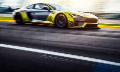 Race car blurred motion crossing the finish line on international circuit speed track, Motion blur Racing car crossing finish line on asphalt main straight, Generative AI  - obrazy, fototapety, plakaty