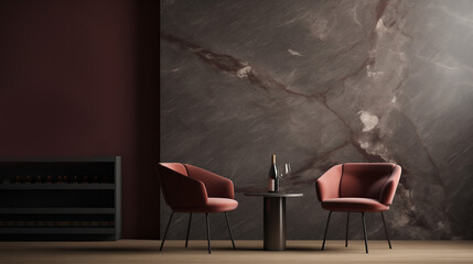 a dark marble wall with a red chair