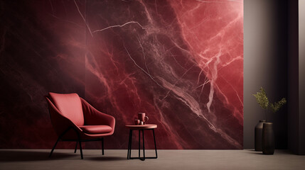 a dark marble wall with a red chair