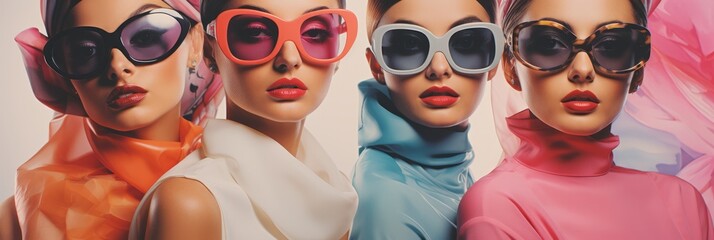 Obraz premium Young girls in beautiful fashionable clothes in pastel colors, fashion magazine cover, high fashion, banner