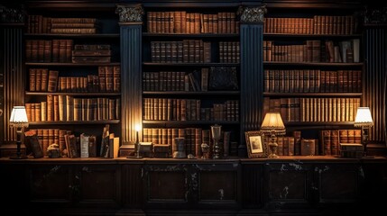 A shelf with old books, an atmospheric library inside the house