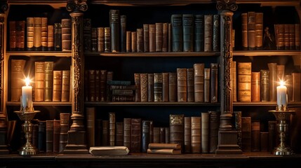 A shelf with old books, an atmospheric library inside the house