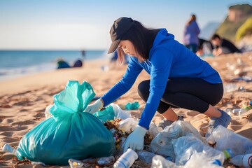 Asian women pick up plastic waste on the beach to eliminate plastic pollution - obrazy, fototapety, plakaty