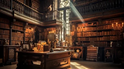 Foto op Plexiglas Old library, room interior with bookshelves and old furniture © PhotoHunter