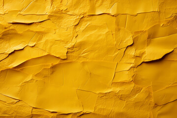 Yellow backdrop with cracked paint on the wall, leather-inspired texture, and crumpled and torn saffron-colored material. Yellowish surface.