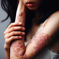 Young woman suffering from itching on her skin and scratching an itchy place. Allergic reaction to insect bites, dermatitis, food, drugs. - obrazy, fototapety, plakaty