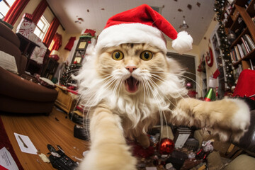 Cat left alone at home wreaks havoc in a room decorated for Christmas - obrazy, fototapety, plakaty