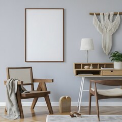 3d render of a living room with a stylish chair, wooden desk, plants, flowers, table lamp, mock-up poster frame, macrame, and elegant accessories.