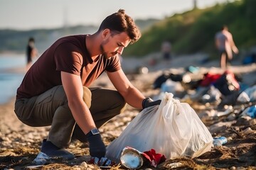 American men pick up plastic waste on the beach to eliminate plastic pollution