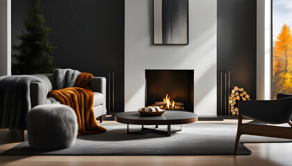 Interior design of a modern living room with a blanket on a gray sofa and pouf in a room with a fireplace. Hygge lifestyle,