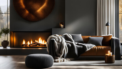 Interior design of a modern living room with a blanket on a gray sofa and pouf in a room with a fireplace. Hygge lifestyle,