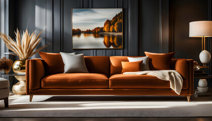 Obraz premium Interior design of a modern living room with a blanket on a gray sofa and pouf in a room with a fireplace. Hygge lifestyle,