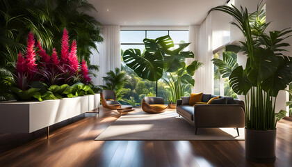 Indoor plants in living wall design with copy space. Advanced interior design of modern room,