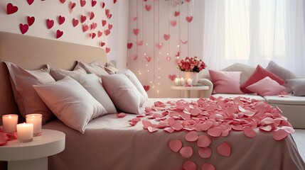 A write bedroom decoration design for Valentine’s Day with pink rose petals, pillows, warm candles and pink hearts 