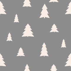 Obraz premium Christmas trees seamless pattern. New Year, Christmas. Festive winter gray background for printing on wrapping paper, textiles, fabric, gift paper, for design. Scandinavian style. Minimalist style.