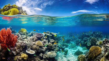 Fototapeta na wymiar Underwater coral reef with colorful fish. Generative Ai