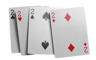 Flying playing cards for poker and gambling, set four deuces isolated on white, clipping path