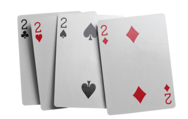 Flying playing cards for poker and gambling, set four deuces isolated on white, clipping path