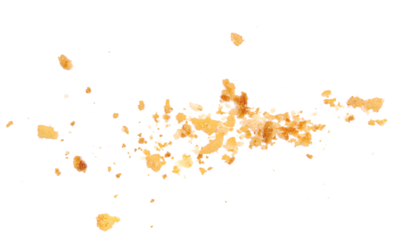 Pile cake crumbs, cookie flying isolated on white, clipping path