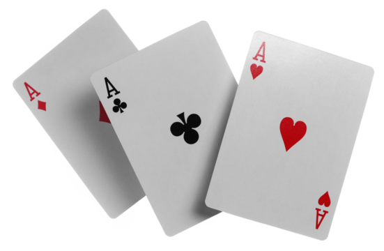 Flying playing card for poker and gambling, three aces isolated on white, clipping path