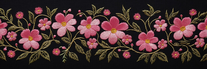 black background with flowers fabric textured 