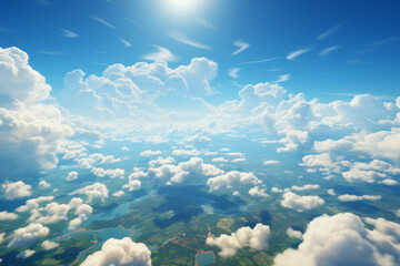 Aerial survey depicting the urban area and expansive agricultural terrain. Overhead scene glimpsing through the cloud bank. - obrazy, fototapety, plakaty
