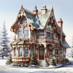 Watercolor gingerbread house on white background