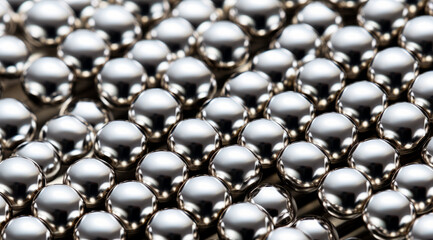 Shiny metallic spheres clustered together, reflecting light and surroundings. Electropolished metal