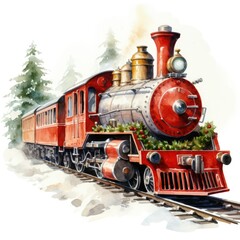 Fototapeta premium Watercolor Christmas train on white background