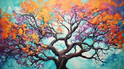 A large tree with orange, purple and turquoise colored branches