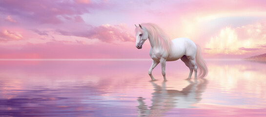 A lone horse beside a mirror-like lake, enveloped in a peaceful twilight.