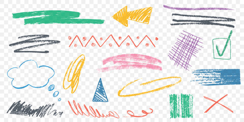 Hand drawn colored charcoal pencil stroke lines, grids and squiggles set. Color strokes, crayon curly scribbles. Grungy pen art brushes, textured doodle freehand chalk drawing line stripes and waves. - obrazy, fototapety, plakaty