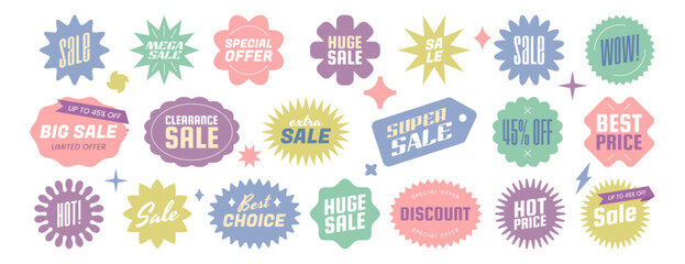 Pastel colored sunburst badges, price stickers callout different shapes. Starburst sale labels, promo tags, discount or special offer design elements. Vector set of emblem or stamp for retail sales.