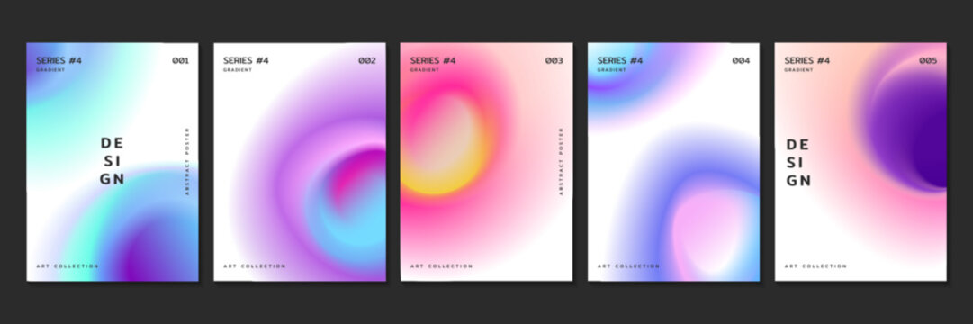 Fluid gradient backgrounds with radial blur neon effect. Set of covers design template with blurred glowing circles and iridescent color gradation. Posters or flyers with abstract glow circular stains