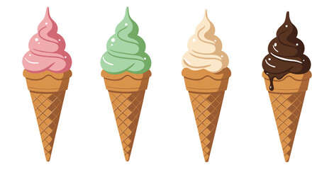 Ice Cream Cones lined up, Strawberry, Pistachio Mint, Vanilla and Chocolate  ice cream cone isolated, SVG vector art, creamery, ice cream shop flavors variety, traditional, frozen desert, soft serve