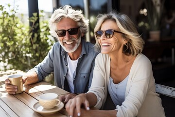 Smiling mature couple having coffee in the open air cafe, in a sunny summer day - Powered by Adobe