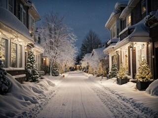 Sparkling Lights: Houses Glowing in Snowy Streets, Creating a Festive Winter Scene