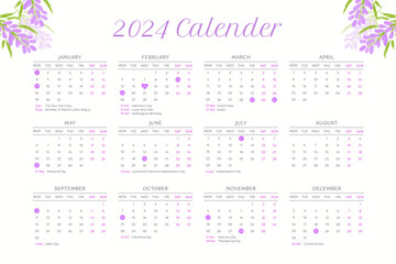 Landscape 2024 calender template with watercolor lavender flower illustration