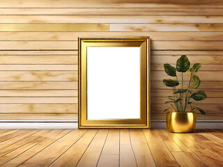 wooden frame mock up. Wooden frame poster on white wall, green plant, transparent frame.
